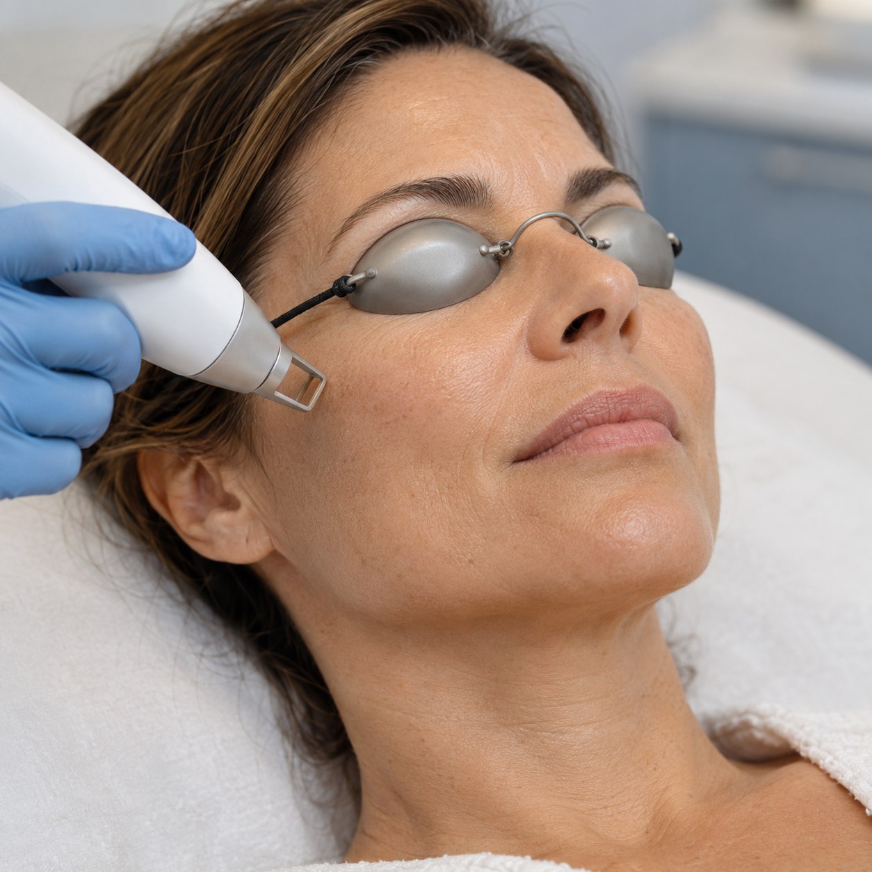 Imagem editorial de tratamento laser com proteção ocular num ambiente clínico